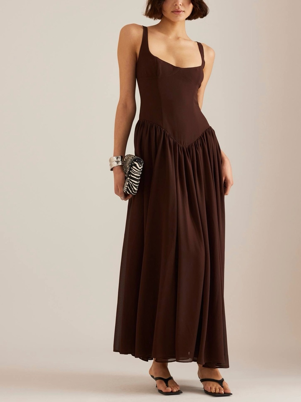 Bardot Brianna Drop Waist Maxi Dress Chocolate Brown Pleated Wedding Guest Sz L - Picture 4 of 5